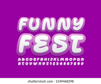 Vector bright logo Funny Fest. White and Violet Font. Creative Alphabet set.