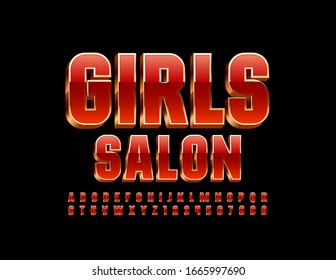 Vector bright logo Girls Salon. Stylish Red and Golden Alphabet Letters and Numbers. Elegant 3D Font