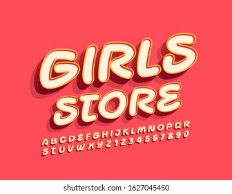 Vector brillante logo Tienda de chicas. Fuente manuscrita vintage. Conjunto de letras y números alfabetos en mayúsculas