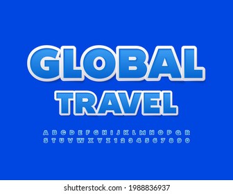Vector bright Logo Global Travel. Trendy Blue Font. Artistic Alphabet Letters and Numbers