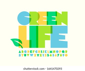 Vector bright logo Green Life. Modern Colorful Font. Watercolor Alphabet Letters and Numbers.