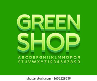 Vector bright Logo Green Shop. Stylish 3D Font. Modern Alphabet Letters and Numbers.