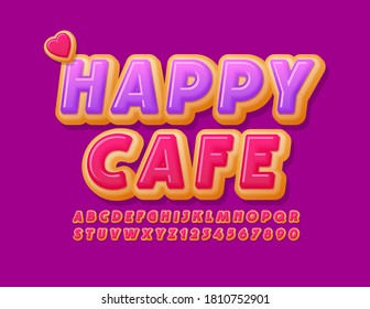 Vector bright logo Happy Cafe with Heart. Tasty Cake Font. Sweet Donut Alphabet Letters and Numbers