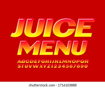 Menú de jugo con el logotipo brillante vectorial. Fuente moderna roja y amarilla. Letras y números de alfabeto brillante