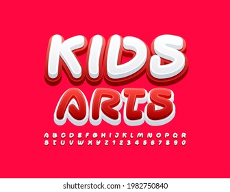 Vector bright logo Kids Arts. Red and White Alphabet Letters and Numbers set. Creative modern Font