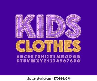 Vector bright logo Kids Clothes. Violet Jeans Font. Stitched Denim Alphabet Letters and Numbers
