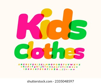 Vector bright logo Kids Clothes with watercolor cute Font. Trendy Alphabet Letters, Numbers and Symbols set