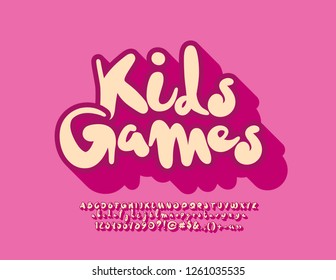 Vector bright Logo Kids Games. Funny cute Font. Playful Alphabet Letters, Numbers and Symbols.