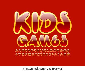 Vector bright logo Kids Games. Creative Red and Yellow Font. Glossy Alphabet Letters and Numbers