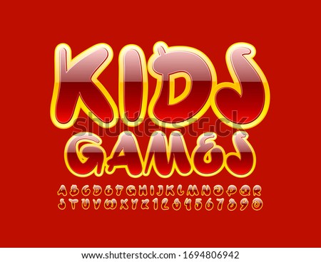 Vector bright logo Kids Games. Creative Red and Yellow Font. Glossy Alphabet Letters and Numbers