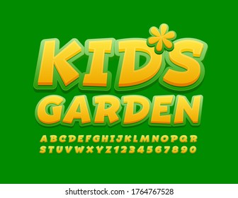 Logo del Vector Bright Kids Garden. Colorida y divertida fuente. Letras y números de alfabeto creativos.