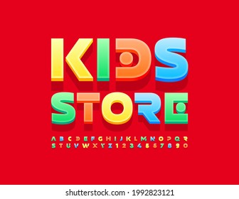 Vector bright logo Kids Store with creative colorful Font. 3D modern Alphabet Letters and Numbers set