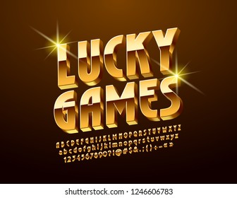 Vector bright Logo Lucky Games. Golden 3D Font. Stylish Alphabet Letters, Numbers and Symbols.