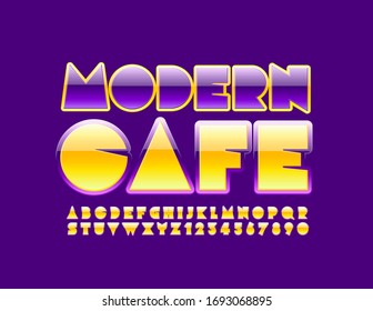 Vektorillustration helles Logo Modern Cafe. Kreative violette und gelbe Schriftart. Trendy Alphabet Letters and Numbers