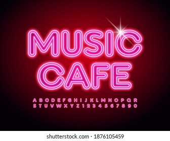 Logo de Vector brillante Music Cafe. Neon brillando Font. Letras y números de alfabeto rosa eléctrico