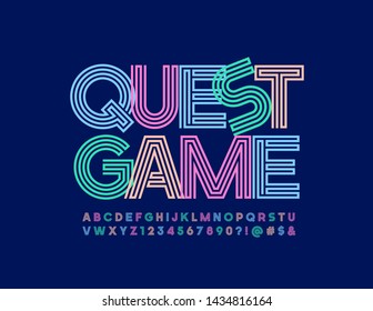 Vector bright logo Quest Game with maze creative Font. Bright Uppercase Alphabet. Set of original Letters and Numbers