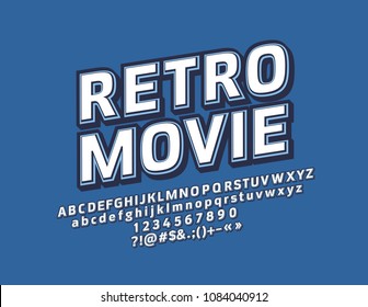 Vector Bright Logo Retro Movie. Vintage style rotated Alphabet Letters, Numbers and Punctuation Symbols