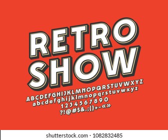 Vector bright logo Retro Show. Vintage style rotated Alphabet Letters, Numbers and Punctuation Symbols