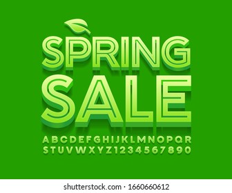 Vector bright logo Spring Sale. Stylish 3D Font. Green Alphabet Letters and Numbers