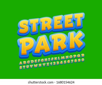 Vector bright logo Street Park. Yellow and Blue modern Font. Trendy Alphabet Letters and Numbers