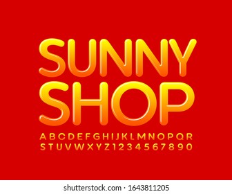Logotipo de luz vectorial Sunny Shop. Elegantes letras y números de alfabeto brillante. Fuente Corolful Moderna.