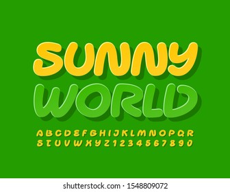 Vector bright logo Sunny World. Handwritten Yellow Font. Creative Uppercase Alphabet Letters and Numbers