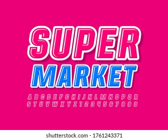 Logotipo vectorial brillante Supermercado con moderna fuente rosa. Letras y números de alfabeto brillante