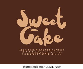 Vektor helles Logo Sweet Cake. Spielerische handgeschriebene Schriftart. Künstlerische Alphabet-Buchstaben, Zahlen und Symbole gesetzt. 