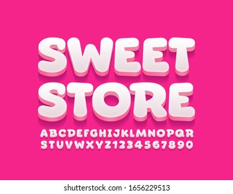 Vector bright logo Sweet Store. Cute Kids Font. Creative 3D Alphabet Letters and Numbers.