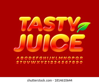 Vector bright logo Tasty Juice. Glossy Gradient Font. Yellow and Red Alphabet Letters and Numbers
