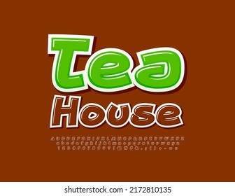 Logotipo vectorial brillante Tea House. Fuente creativa manuscrita. Letras, números y símbolos alfabéticos modernos. 