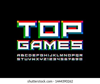 Logotipo vectorial brillante Top Games con estilo tecno Alphabet. Fuente en mayúsculas colorida. Letras y números creativos modernos