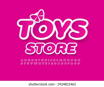 Vector bright logo Toys Store with Butterfly decoration. Pink sticker Font. Creative set of Alphabet Letters and Numbers