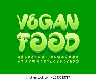 Vector bright logo Vegan Food. Green 3D Font. Creative playful Alphabet Letters and Numbers.