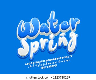 Vector Bright Logo Water. Handwritten Blue And White Font. 3D Cute Alphabet Letters, Numbers And Symbols