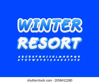 Vector bright logo Winter Resort. Playful White Font. Handwritten Alphabet Letters and Numbers set