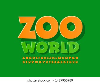 Vektorhelles Logo Zoo World mit Orange Uppercase Font. Alphabet-Alphabet-Buchstaben und -Zahlen im Comicstil