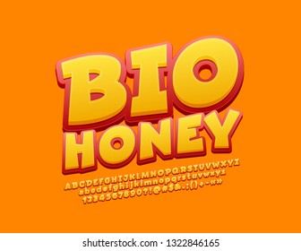 Vector bright logotype Bio Honey with trendy Yellow Font. Funny Alphabet Letters, Numbers and Symbols