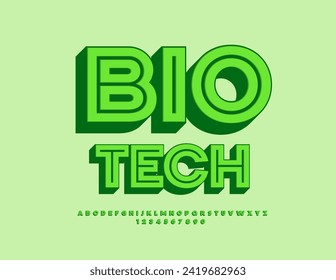 Vector brillante logotipo Bio Tech con fuente 3D verde. Se han establecido las letras y números de alfabeto modernos.