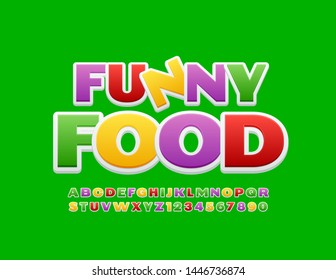 Vector bright logotype Funny Food with colorful Uppercase Font. Modern Children Alphabet Letters and Numbers