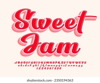 Vektor heller Logotyp Sweet Jam. Schöne kalligrafische Schriftart. Alphabet-Buchstaben, Zahlen und Symbole von Red 3D