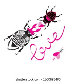 Vector bright loving beetles on a white background. Valentine day.