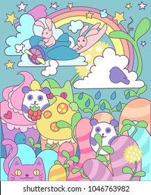 
vector bright magic cute world of little animals and sweets: hares pilots on the plane, seals, pandas among the kingdom of sweets and desserts