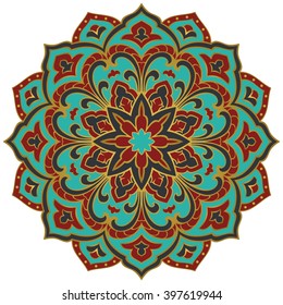 Vector bright  mandala on a white background. Oriental ornament with golden contour. Round element for design.