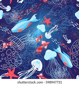 Vector bright marine pattern of jellyfish and fish