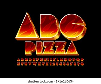 Vector bright marketing logo Pizza with fire Alphabet Letters and Numbers. Flame pattern Font