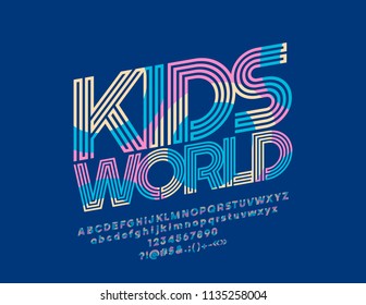 Vector bright maze Sign Kids World. Original Graphic Style Font. Colored Alphabet Letters, Numbers and Symbols
