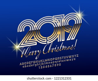 Vector bright Merry Christmas 2019 Greeting Card with Golden Alphabet Letters, Numbers and Symbols. Stylish  rotated Font.