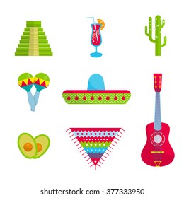 Vector Bright Mexican flat set, icon, elements for travel site, banner, web. Sombrero hat, guitar, avocado, Maraca, cactus, inca pyramid, tequila