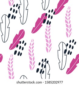 Vector bright modern abstract texture with dots, spots and tropical leaves. Ideal for textiles, covers, packaging. digital illustration.